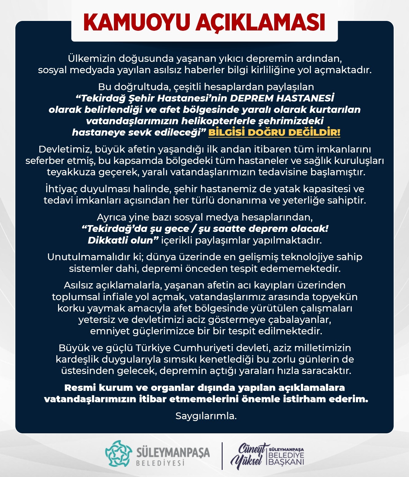 Başkan Yüksel sosyal medyada yayılan asılsız iddialara açıklık getirdi Başkan Yüksel sosyal medyada yayılan asılsız iddialara açıklık getirdi