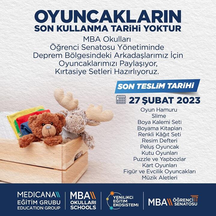 MBA Okulları öğrencilerinden deprem bölgesindeki çocuklar için oyuncak kampanyası | Kahramanmaraş, Gaziantep, Şanlıurfa, Diyarbakır, Adana, Adıyaman, Osmaniye, Hatay, Kilis, Malatya