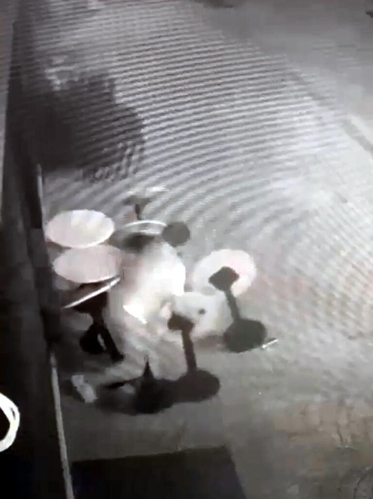İşletmenin masalarını deviren alkollü kişi, güvenlik kameralarına dönüp özür diledi
