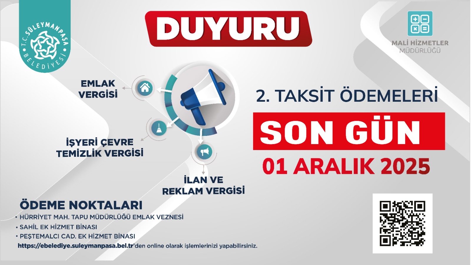 Süleymanpaşa Belediyesi Vergi Ödemeleri İçin Son Gün 1 Aralık Süleymanpaşa Belediyesi Vergi Ödemeleri İçin Son Gün 1 Aralık