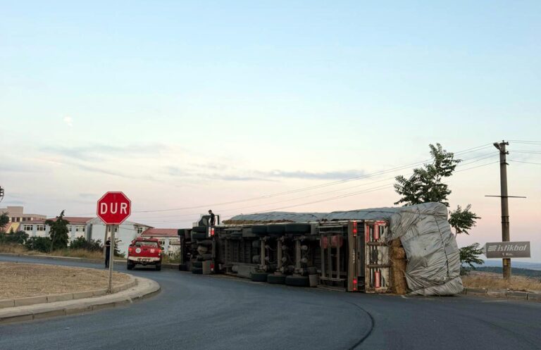 Devrilen TIR’ın sürücüsü aracı bırakıp gitti