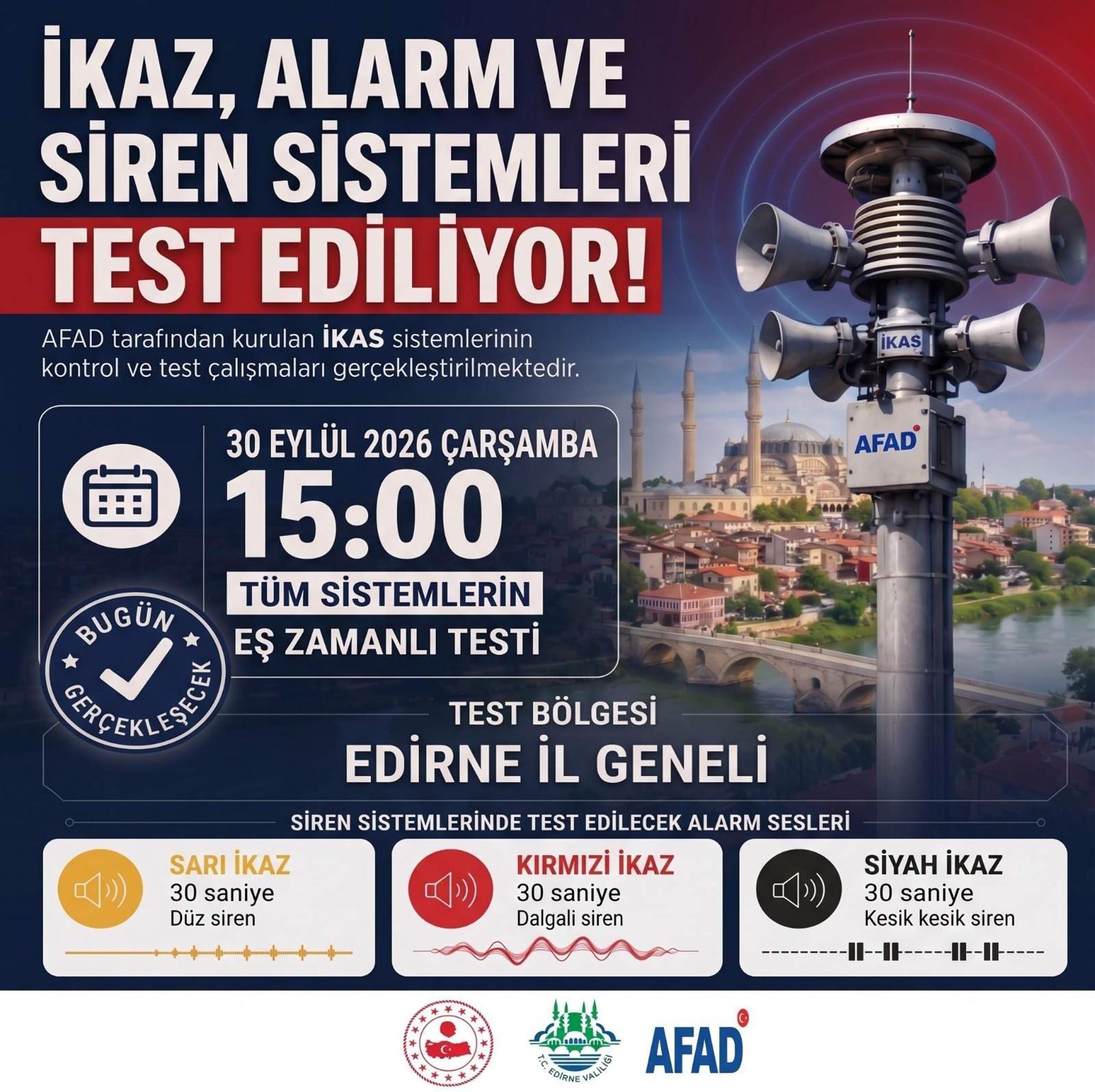 Edirne’de siren sistemleri test edilecek Edirne’de siren sistemleri test edilecek